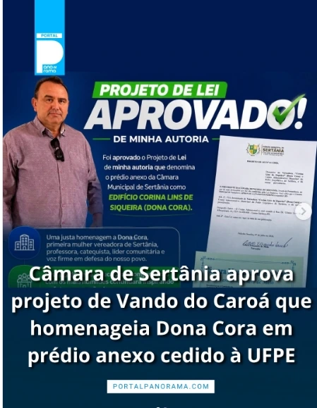 Câmara de Sertânia aprova Projeto que homenageia Dona Cora