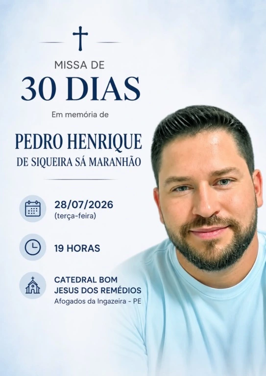 Missa de 30 dias será nesta terça-feira às 19 horas