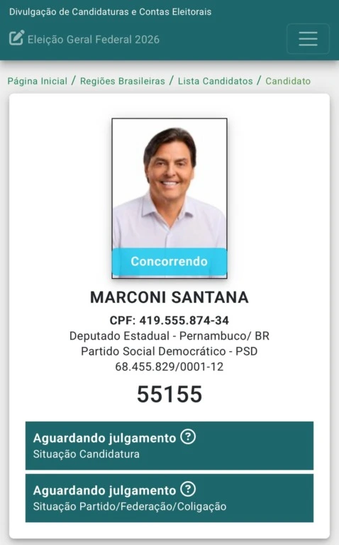 Marconi Santana tem candidatura a deputado estadual registrada na Justiça Eleitoral