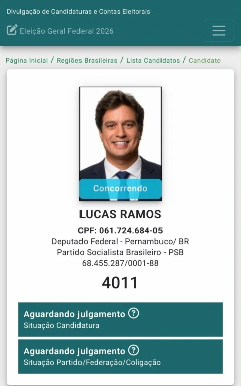 Pedido de registro de candidatura de Lucas Ramos à reeleição para a Câmara dos Deputados é protocolado na Justiça Eleitoral