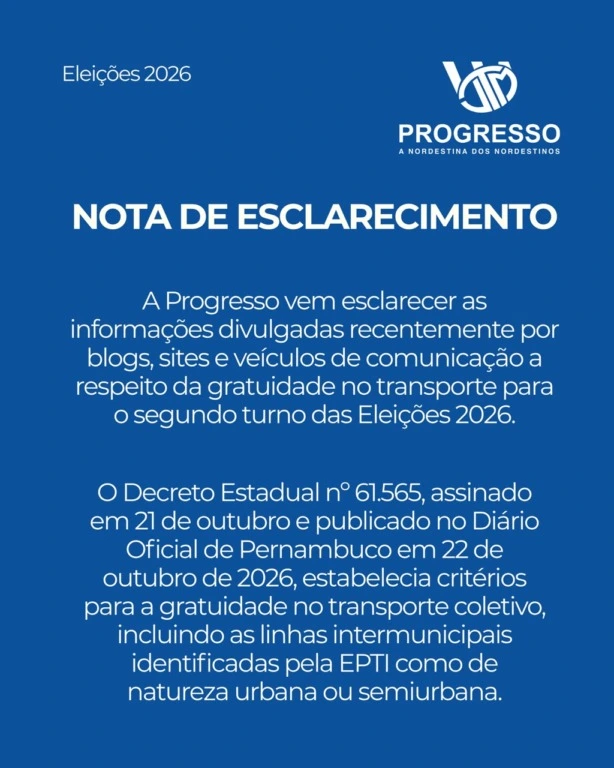 Progresso confirma passe livre intermunicipal para o 2º turno em Pernambuco